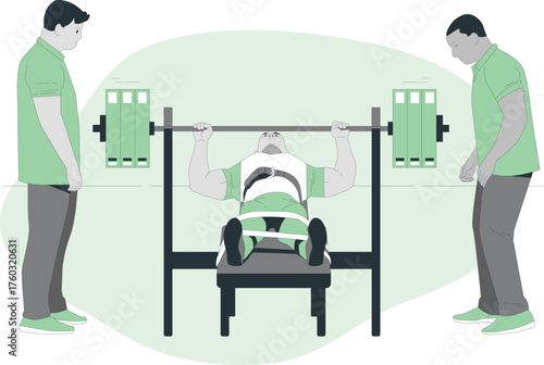 Man Lying on Bench Pressing Barbell with Spotters on White Background vector illustration
