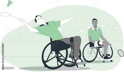 Two men in wheelchairs playing badminton with shuttlecock and rackets disability