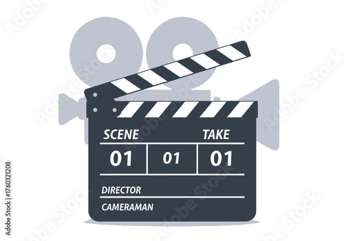 Monochrome blue illustration of a filmmaker or director framing a shot with his hands while looking through a professional video camera.