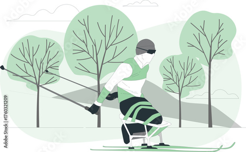 Para Nordic Skier with Poles and Skis in a Park Illustration para nordic skiing cross country skiing