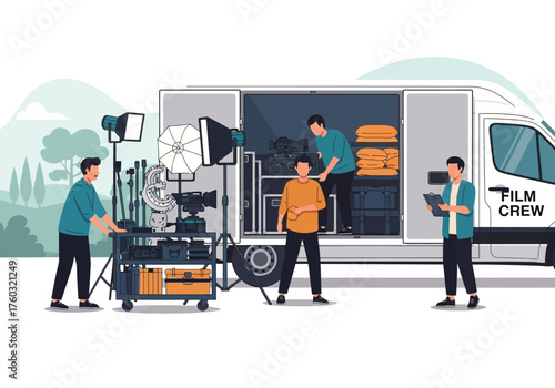 Monochrome blue illustration of a filmmaker or director framing a shot with his hands while looking through a professional video camera.