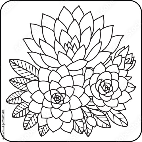 Succulent Coloring Page for Kids and Adults | Echeveria Flower Line Art Illustration | Printable Succulent Plant Coloring Sheet for Relaxing Mindful Art and Stress Relief, Vector Illustration.