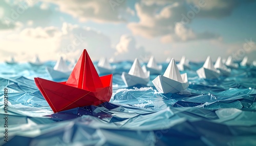 A red paper boat leads a fleet of white boats on a choppy blue ocean under a partly cloudy sky, symbolizing leadership