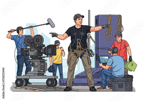 Monochrome blue illustration of a filmmaker or director framing a shot with his hands while looking through a professional video camera.