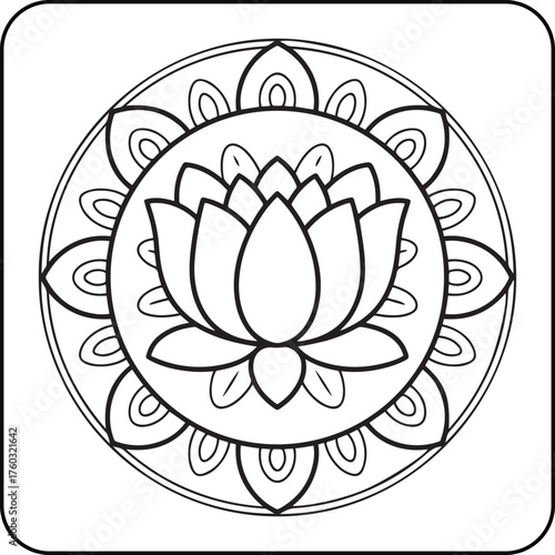 Lotus Mandala Coloring Page for Kids and Adult | Sacred Lotus Flower Line Art Illustration | Printable Mandala Coloring Sheet for Mindfulness, Relaxation, and Art Therapy, Vector Illustration.