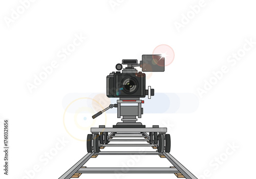 Monochrome blue illustration of a filmmaker or director framing a shot with his hands while looking through a professional video camera.