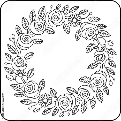 Photos Floral Wreath Coloring Page for Kids and Adult | Circular Flower Line Art Illustration | Printable Botanical Wreath Coloring Sheet for Relaxation, Mindfulness, and Art Therapy, Vector Illustration