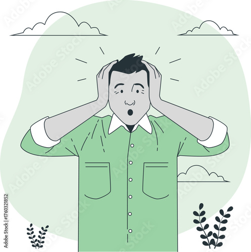Man with hands on head looking shocked with clouds and plants surprised stressed