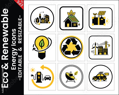 Black And Yellow Renewable Energy Icons Vector Collection Representing Sustainability And Environmental Friendliness