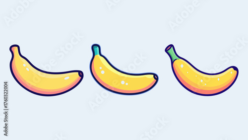 Set of three stylized banana vector illustrations. Cute cartoon fruit icons isolated for graphic design, sticker, or web element