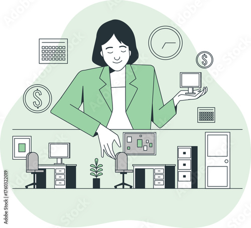 Woman in a green jacket overseeing an office with desks computers and calendars vector illustration