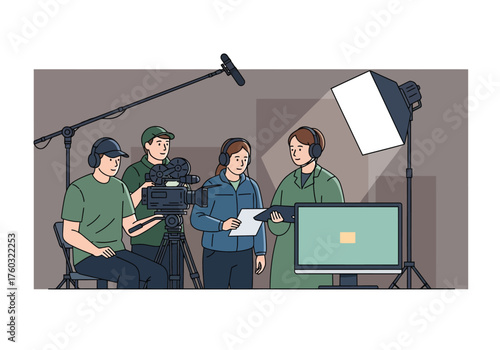 Monochrome blue illustration of a filmmaker or director framing a shot with his hands while looking through a professional video camera.