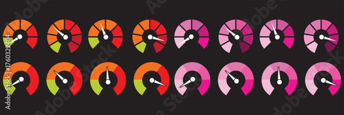 Dashboard colorful speedometer icons set. Tachometer icon isolated. Performance indicator sign. Car speed. Fast internet speed sign. Stock flat vector elements