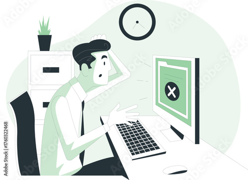 Man frustrated at computer with error message and hand on head in office setting Keywords: man, office, computer, desk, keyboard, mouse, monitor, screen, error, message, alert, notification