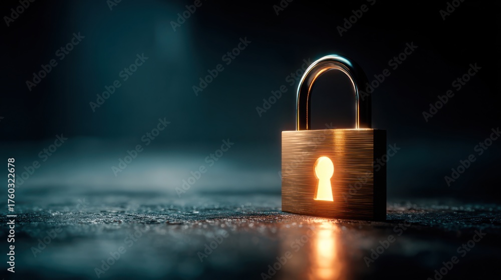 Fototapeta premium A glowing, golden padlock sits centered on a dark, wet, textured surface, hinting at security