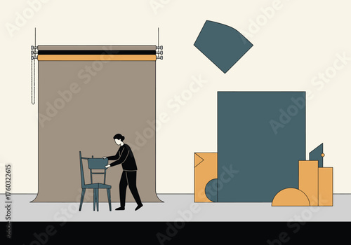 Monochrome blue illustration of a filmmaker or director framing a shot with his hands while looking through a professional video camera.