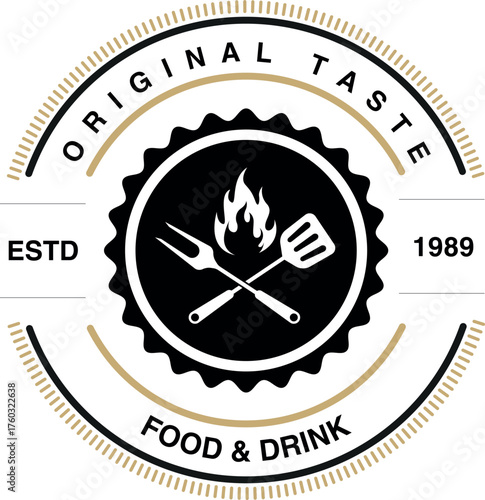 Original taste food drink logo with grill and utensils emblem classic design