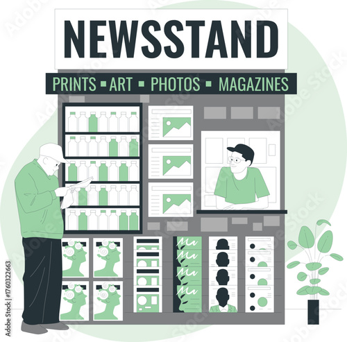 Elderly man browsing items at a newsstand with prints art photos and magazines displayed Keywords: newsstand, man, elderly, browsing, reading, newspaper, magazine, print, art, photo, display