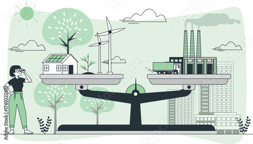 Scales balancing renewable energy and industrial pollution with a woman observing balance weighing