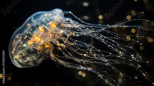 A jellyfish with transparent data-conductive tendrils glowing in the deep sea 