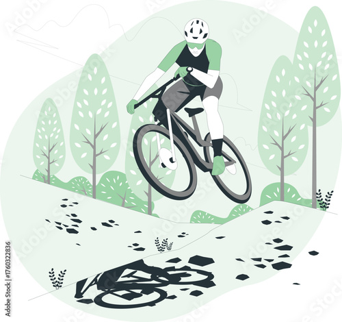 Mountain biker jumping over a dirt track with trees and hills in the background mountain biking cyclist