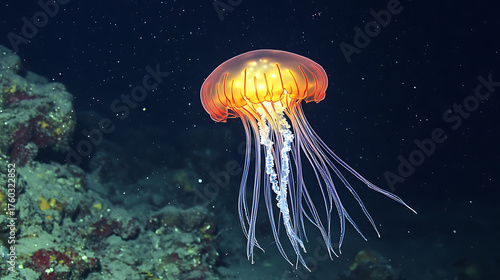 A jellyfish with transparent data-conductive tendrils glowing in the deep sea 