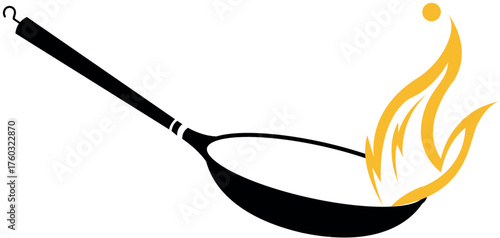 Frying pan with flames cooking food hot flame cooking equipment kitchen utensil in action