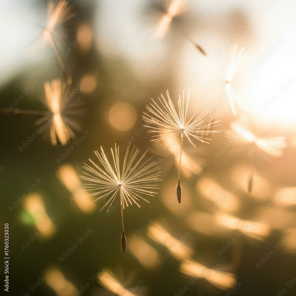 Naklejka premium Delicate dandelion seeds drifting gracefully in the golden light of early morning creating