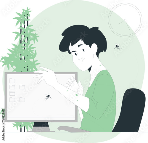 Person working on computer with mosquitoes biting and scratching arms insect pest