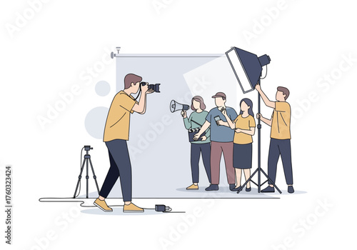 Monochrome blue illustration of a filmmaker or director framing a shot with his hands while looking through a professional video camera.
