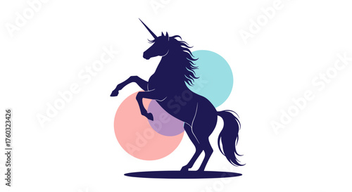 A dark silhouette of a unicorn standing on its hind legs with a flowing mane and tail against a white background with three colorful abstract circles behind it.
