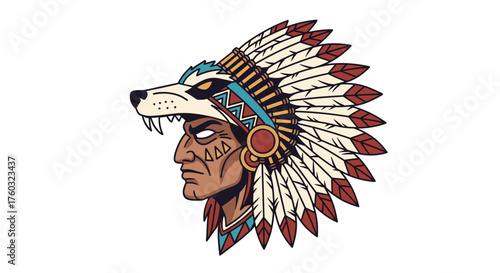 Native american warrior in a wolf headdress with tribal face paint