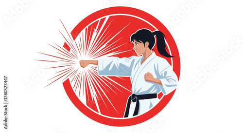 Martial arts athlete performing a powerful punch within a striking red circle representing energy and motion.