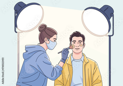 Monochrome blue illustration of a filmmaker or director framing a shot with his hands while looking through a professional video camera.