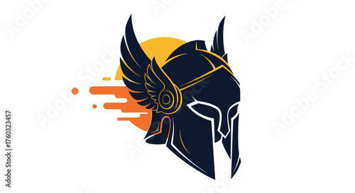 A stylized ancient helmet with wings and a rising sun emblem.
