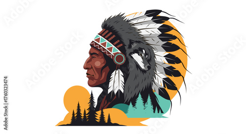 Native american chief with wolf headdress and sunset.