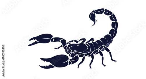 A stylized dark navy blue scorpion silhouette illustration on a white background.