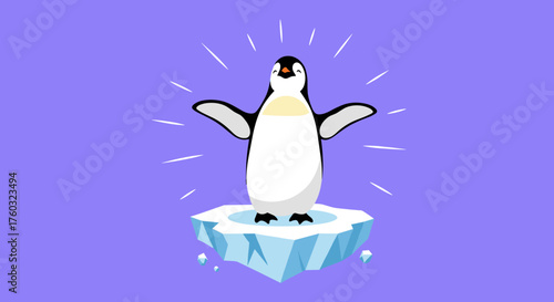 An emperor penguin stands proudly on a small ice floe with its wings outstretched emanating rays of light.