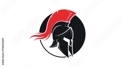 A stylized illustration of a Spartan helmet with a red plume.