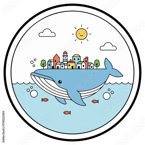 Whimsical whale carries charming coastal town, sunshine, and fish in serene waters