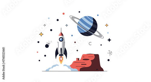 A rocket ship blasts off into space past Mars and a ringed planet.