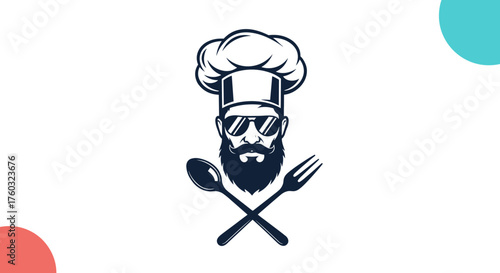 Illustrating a bearded chef wearing sunglasses and a tall hat holding a spoon and fork.