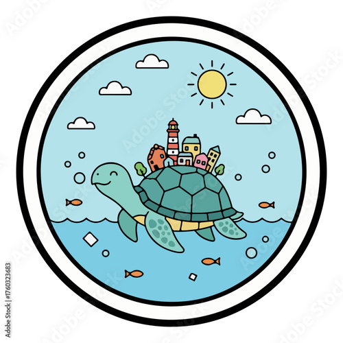 Whimsical turtle carries tiny town on its back, swimming under the bright sun