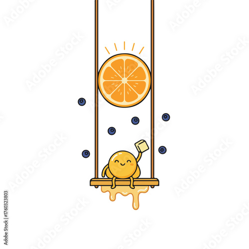 Cheerful fruit character enjoying orange slice swing, playful healthy snack time fun
