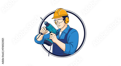 A skilled construction worker in safety gear operates a powerful drilling tool for building.