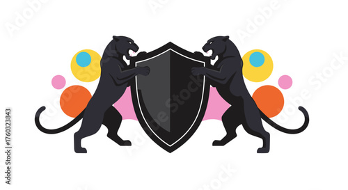 Two fierce black panthers stand guard protecting a shield against a backdrop of colorful circles and stylized elements.