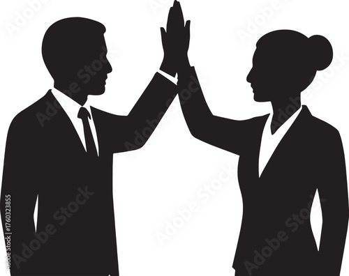 Two Colleagues High-Fiving Silhouette – Team Success, Business Partnership Vector Illustration