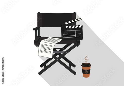 Monochrome blue illustration of a filmmaker or director framing a shot with his hands while looking through a professional video camera.