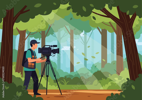 Monochrome blue illustration of a filmmaker or director framing a shot with his hands while looking through a professional video camera.