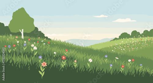 A vibrant meadow bursting with colorful wildflowers under a clear blue sky.